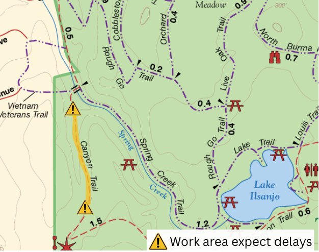 Map of Trione Annadel State Park with hazard signs along Canyon Trail